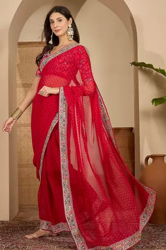 Women's red georgette bandhni saree with unstitched blouse piece