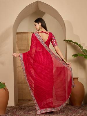 Women's red georgette bandhni saree with unstitched blouse piece 3
