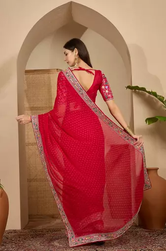 Women's red georgette bandhni saree with unstitched blouse piece