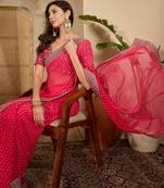 Women's gajari georgette bandhni saree with unstitched blouse piece