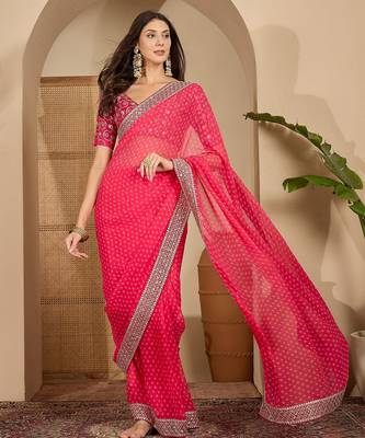 Women's gajari georgette bandhni saree with unstitched blouse piece 2