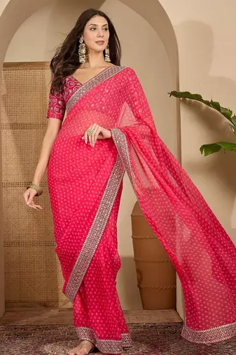 Women's gajari georgette bandhni saree with unstitched blouse piece
