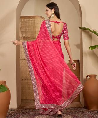 Women's gajari georgette bandhni saree with unstitched blouse piece 3