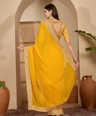 Women's gold georgette bandhni saree with unstitched blouse piece 3