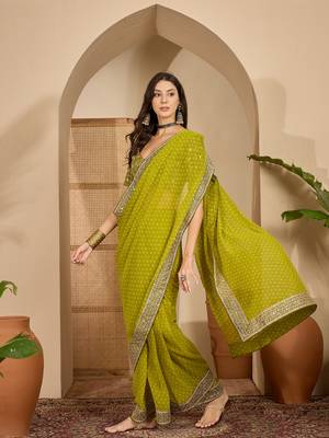 Women's green georgette bandhni saree with unstitched blouse piece 1
