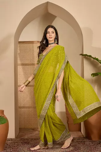 Women's green georgette bandhni saree with unstitched blouse piece