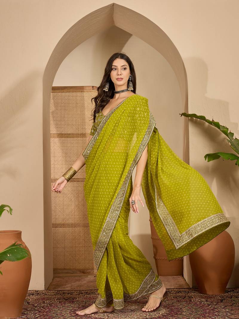 Women's green georgette bandhni saree with unstitched blouse piece