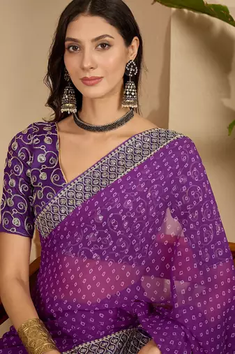 Women's purple georgette bandhni saree with unstitched blouse piece