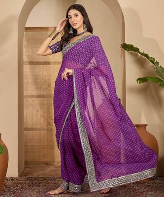 Women's purple georgette bandhni saree with unstitched blouse piece 1