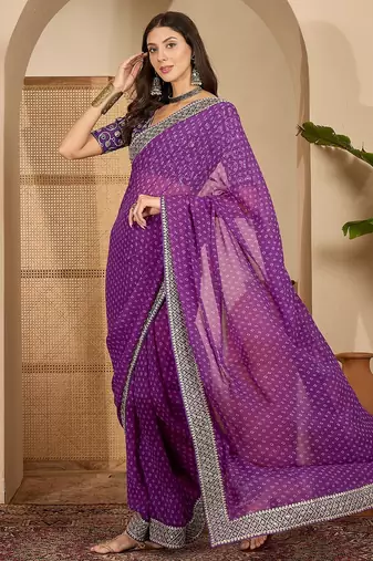 Women's purple georgette bandhni saree with unstitched blouse piece