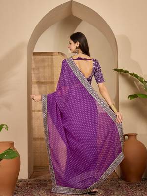 Women's purple georgette bandhni saree with unstitched blouse piece 3