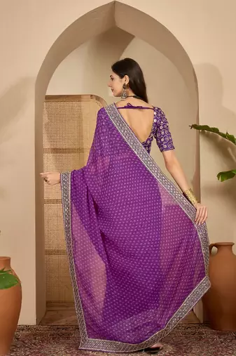 Women's purple georgette bandhni saree with unstitched blouse piece