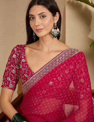 Women's rani georgette bandhni saree with unstitched blouse piece 2