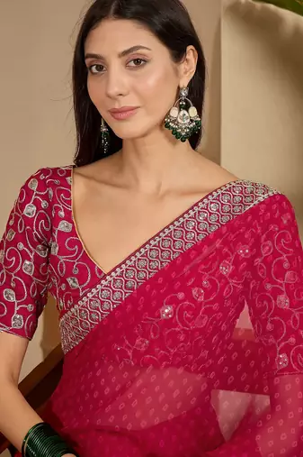 Women's rani georgette bandhni saree with unstitched blouse piece
