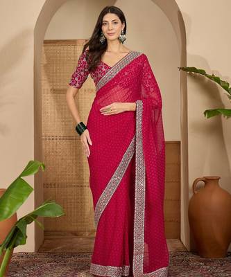 Women's rani georgette bandhni saree with unstitched blouse piece 1