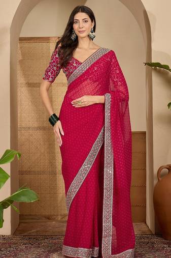 Women's rani georgette bandhni saree with unstitched blouse piece