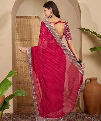 Women's rani georgette bandhni saree with unstitched blouse piece 3