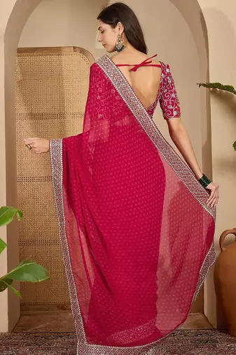 Women's rani georgette bandhni saree with unstitched blouse piece