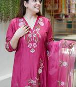 Rani Pink Chanderi Silk Heavy Thread Embroidery Work Kurta Pant Set