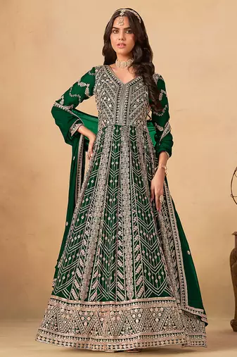 Green  embroidered sequence  faux georgette  anarkali suit