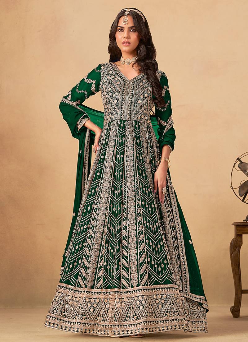 Green  embroidered sequence  faux georgette  anarkali suit