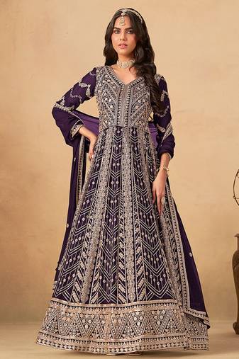 Wine embroidered faux georgette anarkali suit