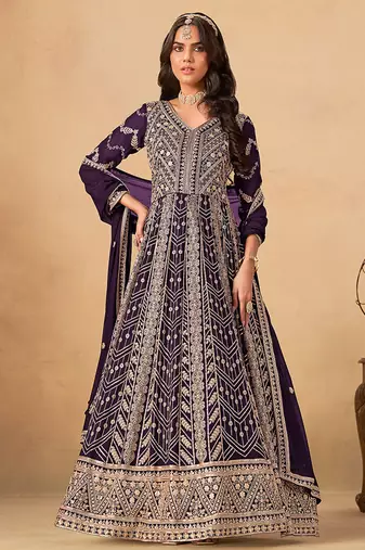 Wine embroidered faux georgette anarkali suit