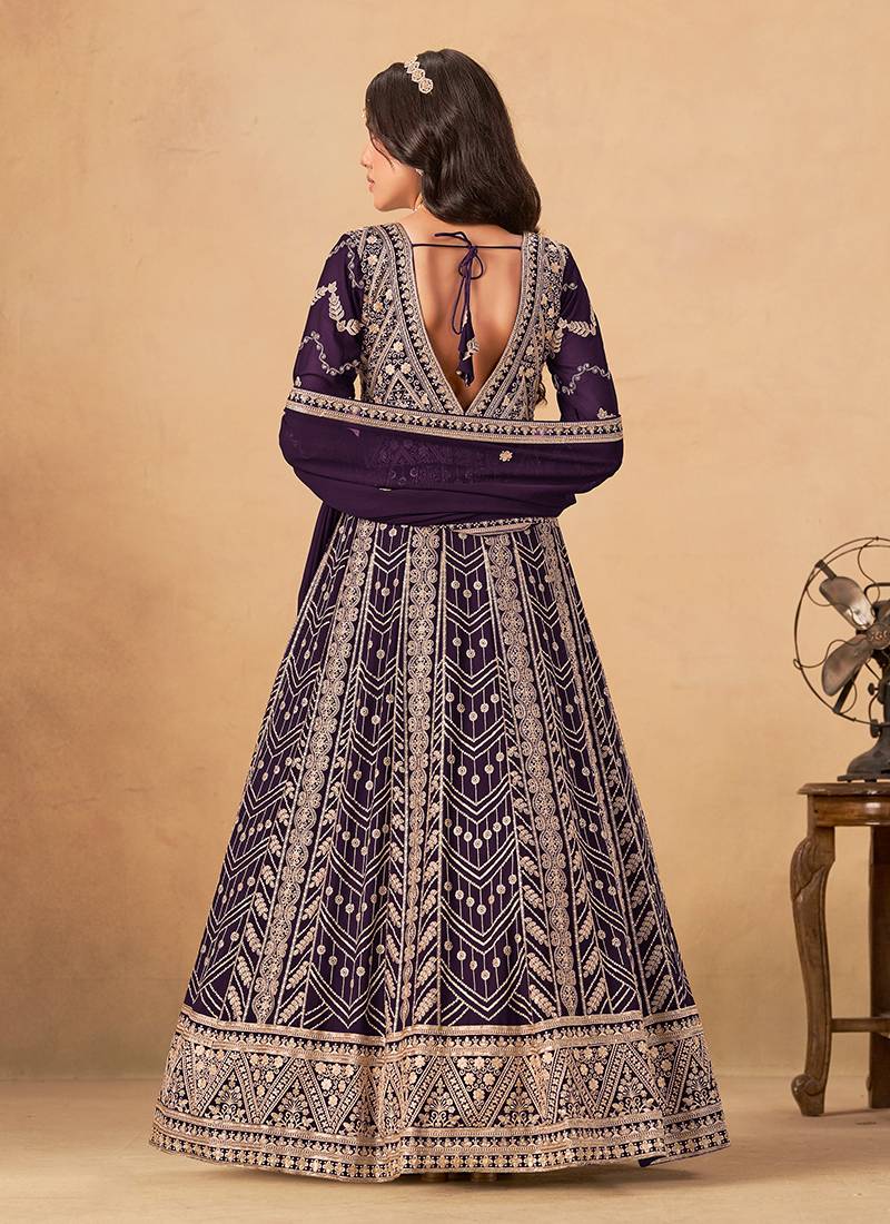 Wine embroidered faux georgette anarkali suit