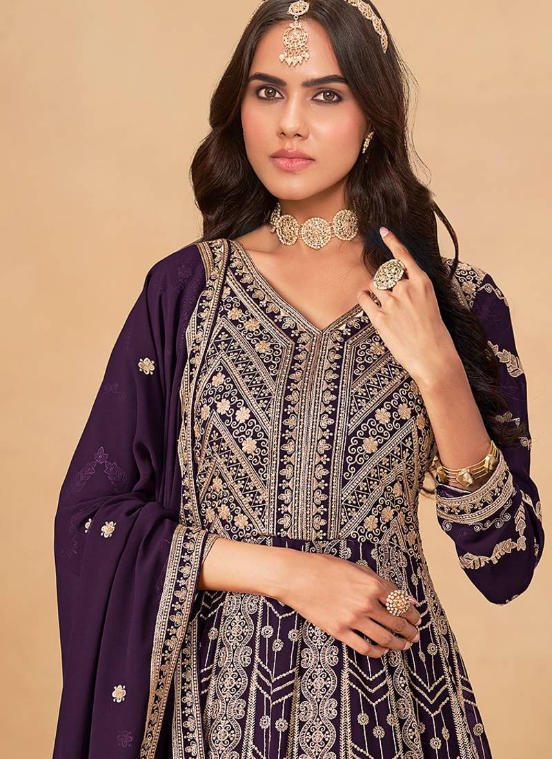 Wine embroidered faux georgette anarkali suit