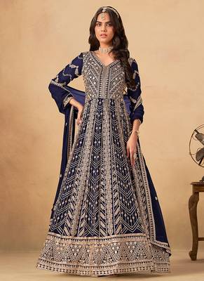 Navy blue embroidered faux georgette anarkali suit 1