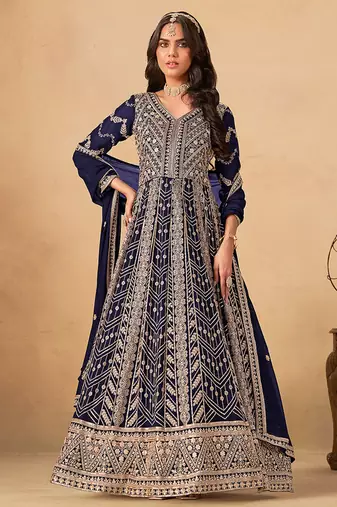 Navy blue embroidered faux georgette anarkali suit