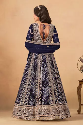 Navy blue embroidered faux georgette anarkali suit