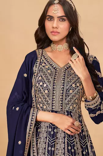 Navy blue embroidered faux georgette anarkali suit