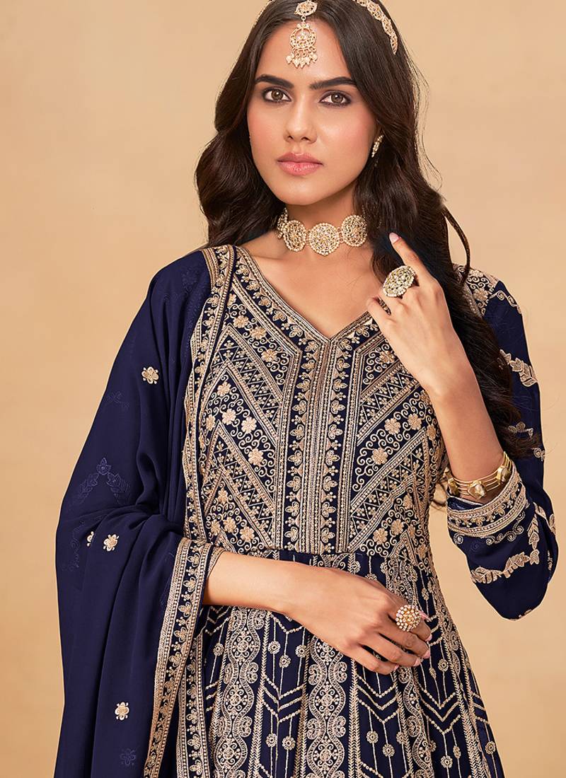 Navy blue embroidered faux georgette anarkali suit
