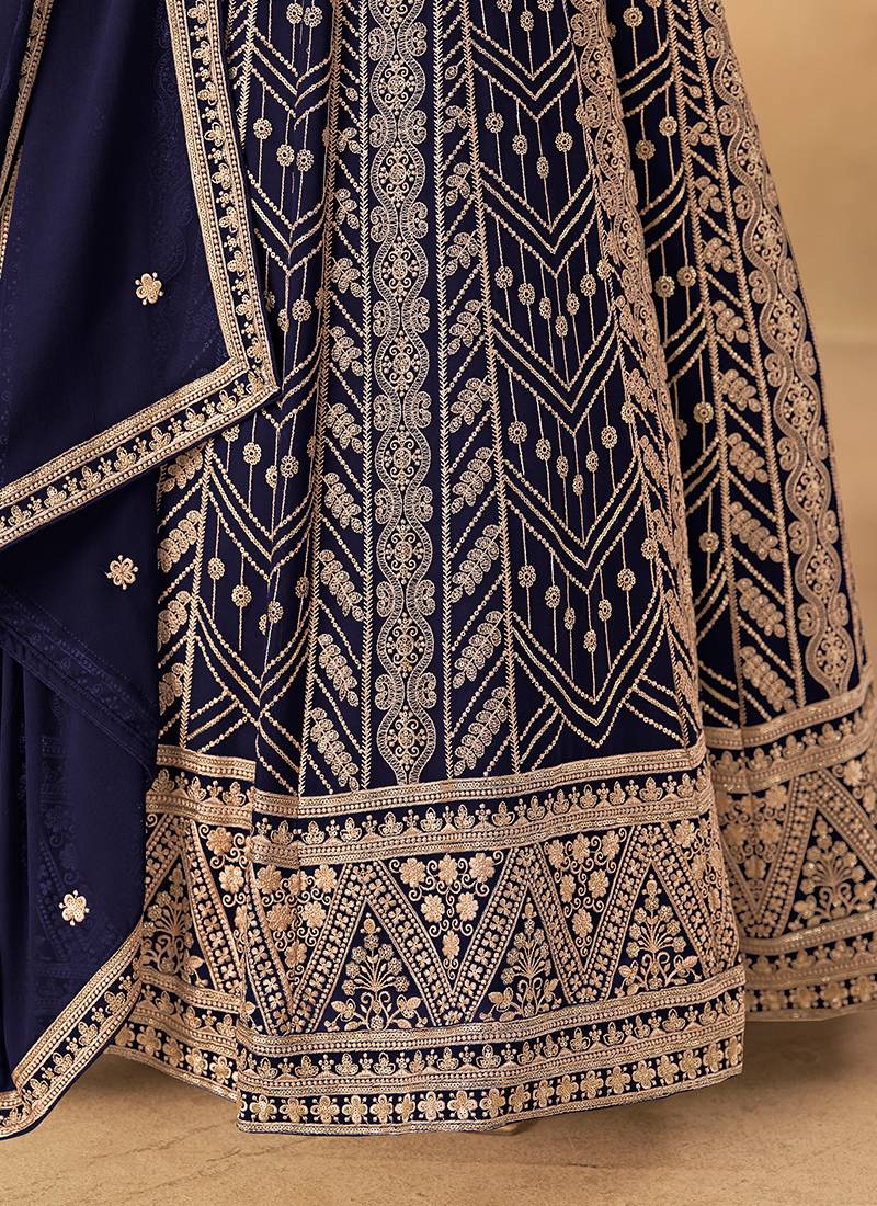 Navy blue embroidered faux georgette anarkali suit