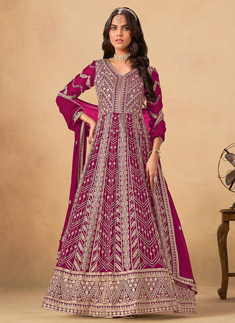 Rani pink embroidered faux georgette anarkali suit