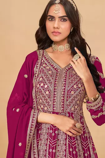 Rani pink embroidered faux georgette anarkali suit