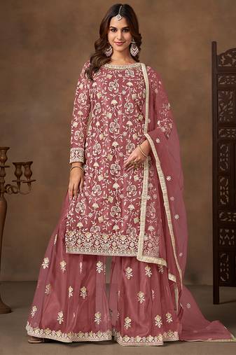 Dark peach embroidered net sharara style