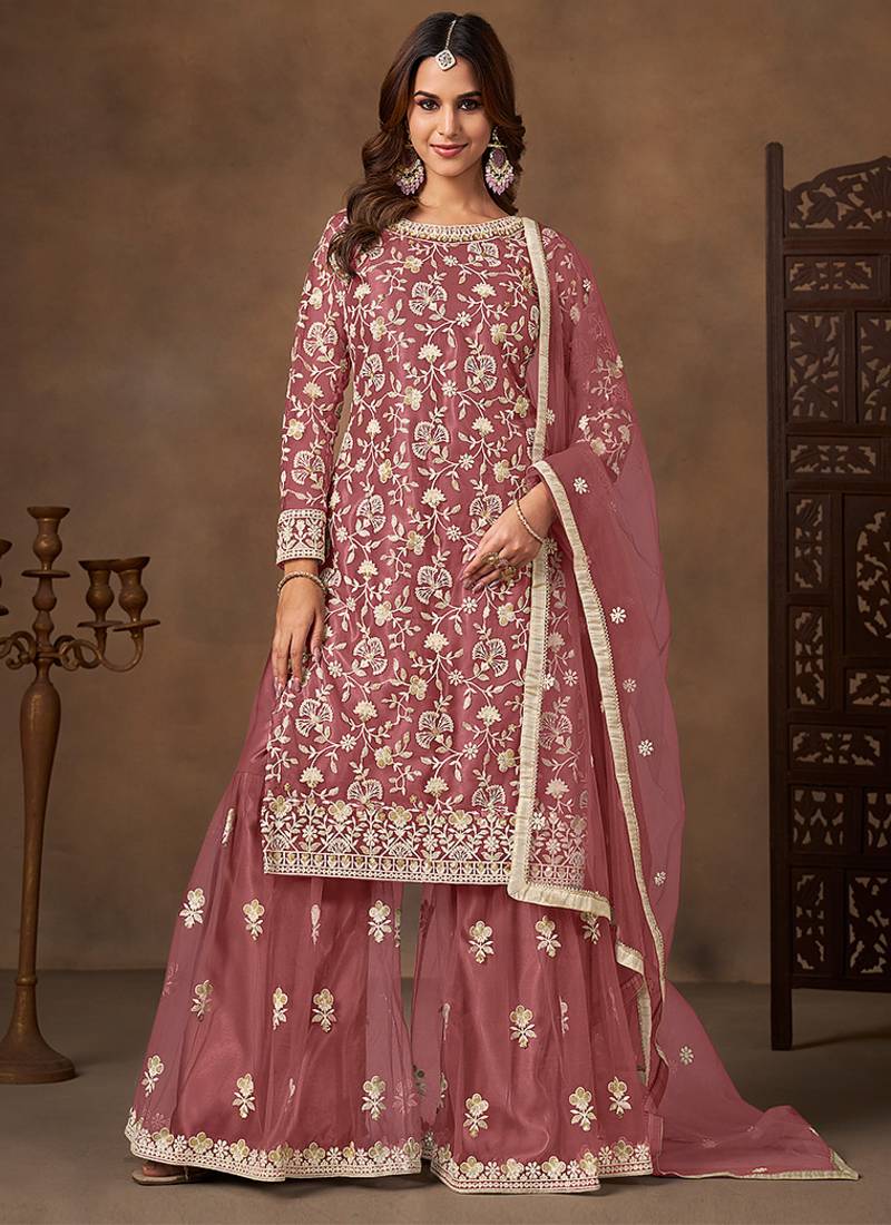 Dark peach embroidered net sharara style