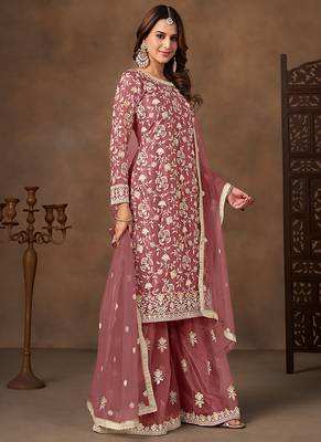 Dark peach embroidered net sharara style 3