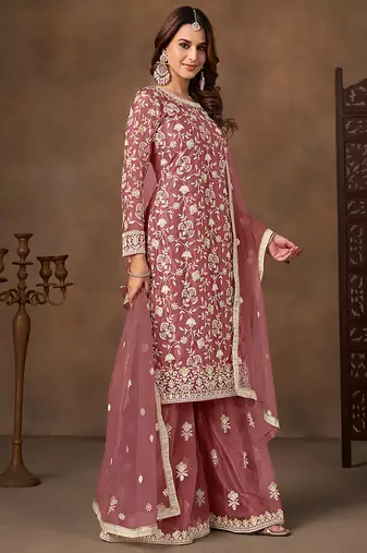 Dark peach embroidered net sharara style
