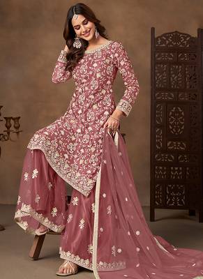 Dark peach embroidered net sharara style 5