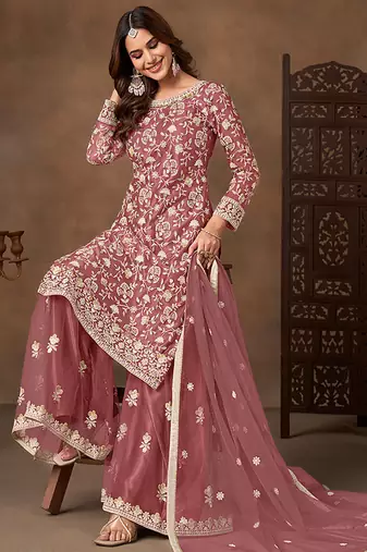 Dark peach embroidered net sharara style