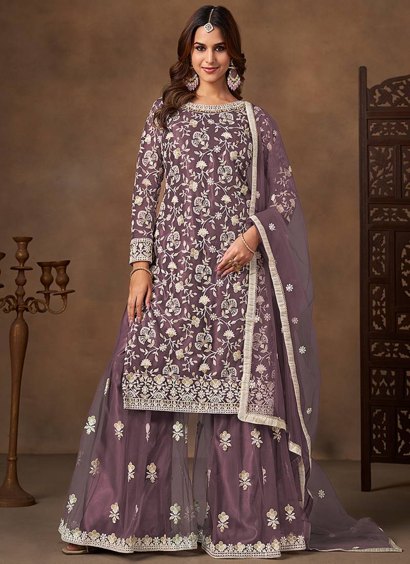 Lavender embroidered net sharara style