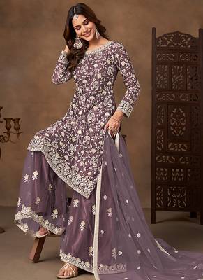 Lavender embroidered net sharara style 5
