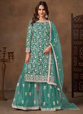 Sea green embroidered net sharara style 1