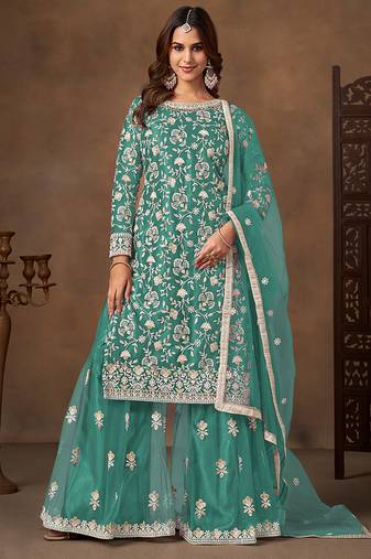 Sea green embroidered net sharara style
