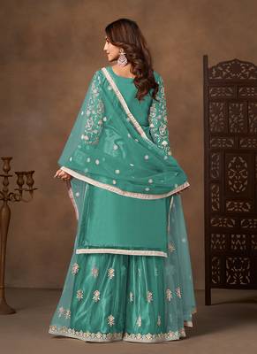Sea green embroidered net sharara style 2
