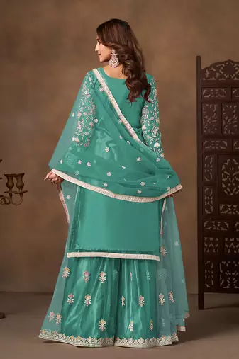 Sea green embroidered net sharara style