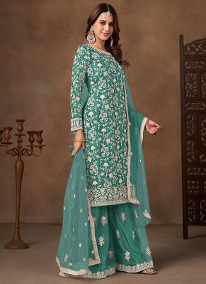 Sea green embroidered net sharara style 3